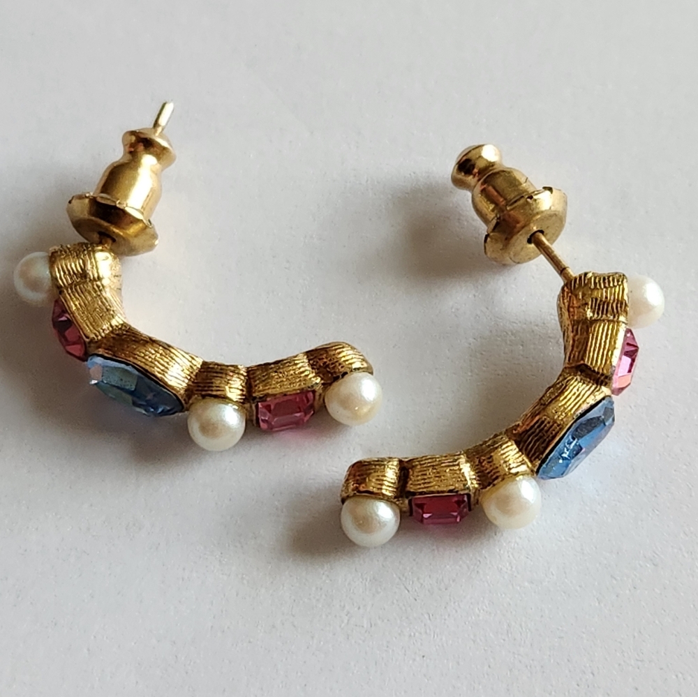 Multi Color Crystals and Faux Pearls Earrings, Gold Tone - Picture 3 of 4